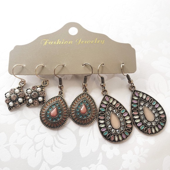 Multi-colored Earrings Set Round Drop-shaped Flower Set Turquoise - Picture 3 of 7
